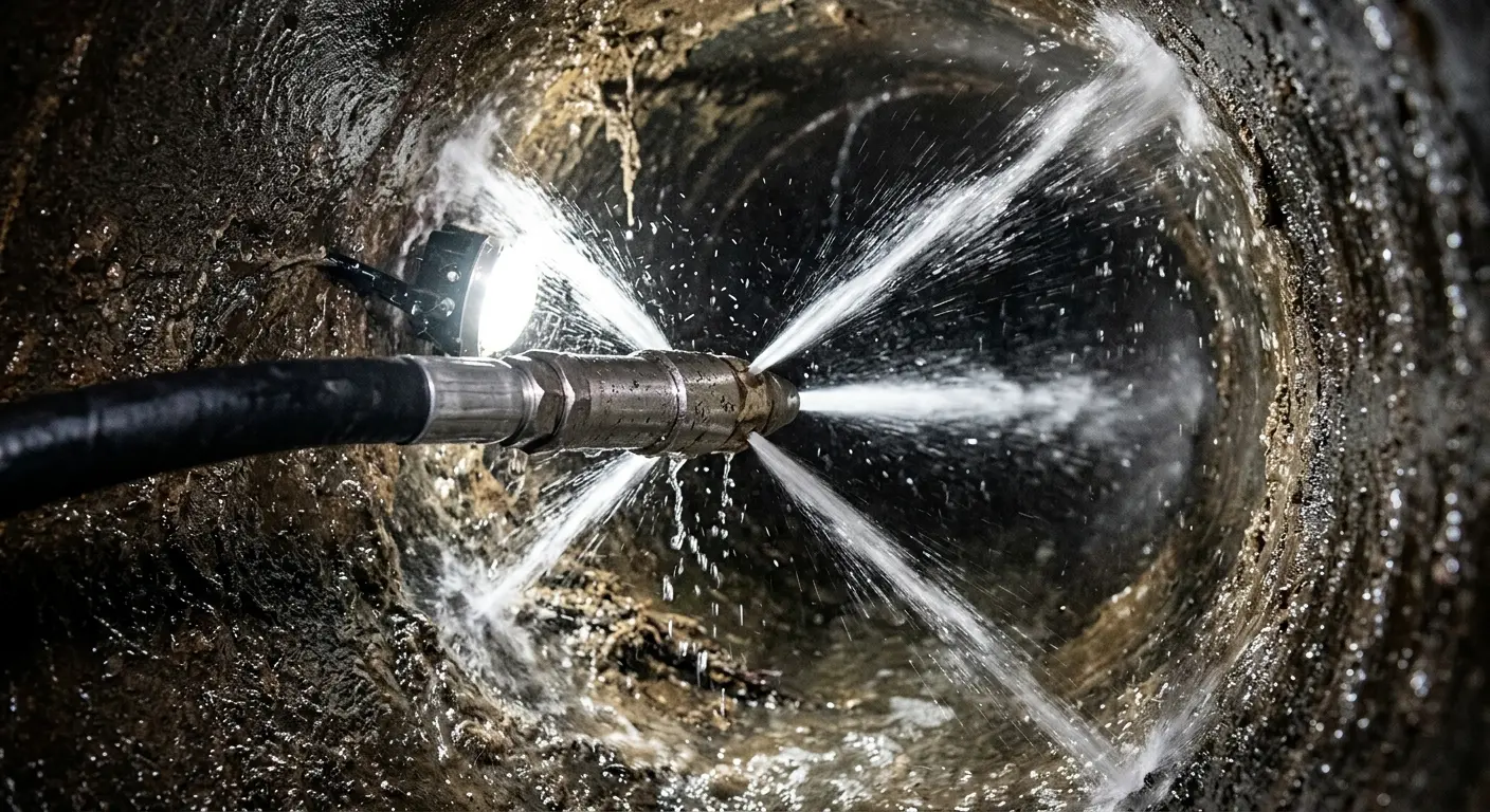 High-pressure hydro jetting nozzle cleaning sewer pipe for Trenchless Sewer Repair in Golden Gate