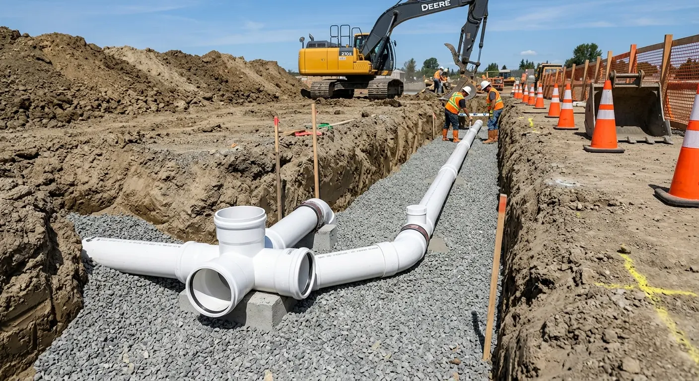 New PVC sewer pipe installation in open trench for Sewer Camera Inspection in Golden Gate