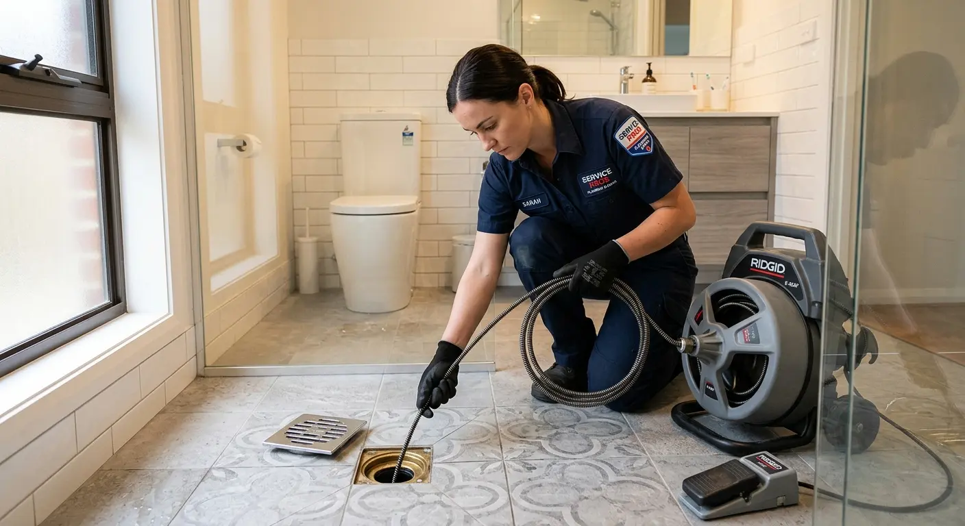 Technician clearing a bathroom floor drain for Drain Cleaning in Golden Gate